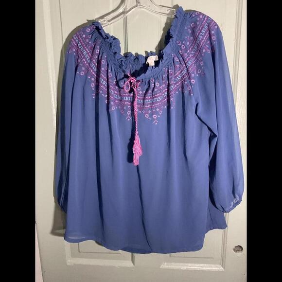 Tops - Boutique Sheer Blue  Boho Blouse with Purple Embroidery and Tassels Size XL